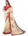 Light Beige Designer Heavy Embroidered Party Wear Satin Sari