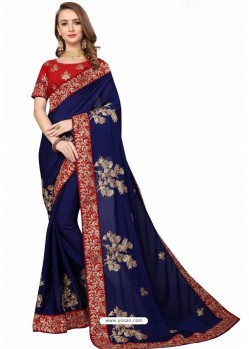 Navy Blue Designer Heavy Embroidered Party Wear Satin Sari