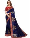 Navy Blue Designer Heavy Embroidered Party Wear Satin Sari