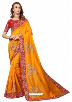 Orange Designer Heavy Embroidered Party Wear Satin Sari