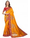 Orange Designer Heavy Embroidered Party Wear Satin Sari