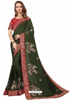 Mehendi Designer Heavy Embroidered Party Wear Satin Sari