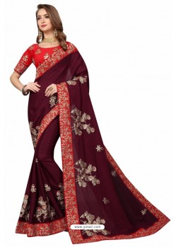 Maroon Designer Heavy Embroidered Party Wear Satin Sari