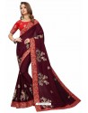 Maroon Designer Heavy Embroidered Party Wear Satin Sari