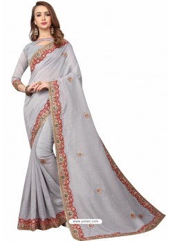 Light Grey Designer Heavy Embroidered Party Wear Cotton Silk Sari