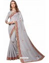 Light Grey Designer Heavy Embroidered Party Wear Cotton Silk Sari