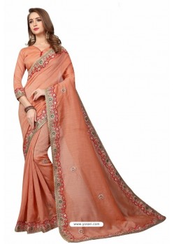 Light Orange Designer Heavy Embroidered Party Wear Cotton Silk Sari