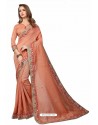 Light Orange Designer Heavy Embroidered Party Wear Cotton Silk Sari