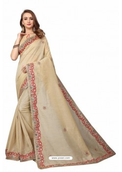 Light Beige Designer Heavy Embroidered Party Wear Cotton Silk Sari