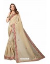 Light Beige Designer Heavy Embroidered Party Wear Cotton Silk Sari