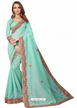 Sky Blue Designer Heavy Embroidered Party Wear Cotton Silk Sari