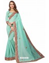 Sky Blue Designer Heavy Embroidered Party Wear Cotton Silk Sari