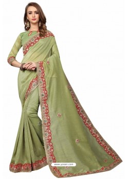 Olive Green Designer Heavy Embroidered Party Wear Cotton Silk Sari