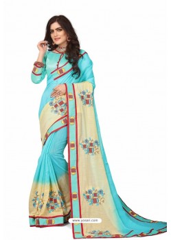 Firozi Designer Heavy Embroidered Party Wear Cotton Silk Sari