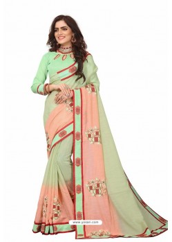 Sea Green Designer Heavy Embroidered Party Wear Cotton Silk Sari