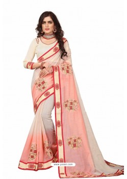 Light Beige Designer Heavy Embroidered Party Wear Cotton Silk Sari