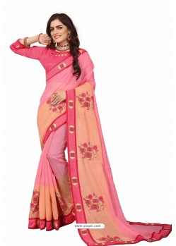 Pink Designer Heavy Embroidered Party Wear Cotton Silk Sari