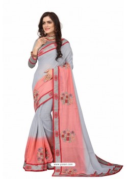 Light Grey Designer Heavy Embroidered Party Wear Cotton Silk Sari