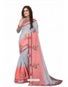 Light Grey Designer Heavy Embroidered Party Wear Cotton Silk Sari