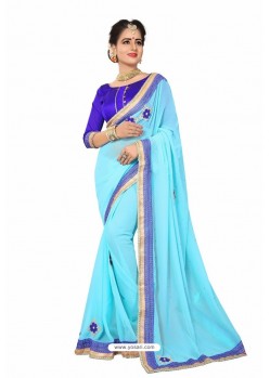 Sky Blue Designer Heavy Embroidered Party Wear Chiffon Sari