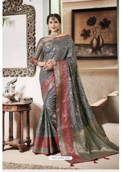 Grey Designer Party Wear Silk Sari