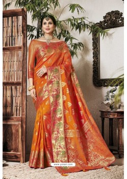 Orange Designer Party Wear Silk Sari