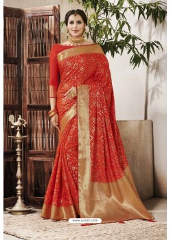 Tomato Red Designer Party Wear Silk Sari