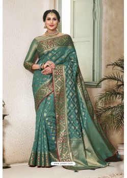 Teal Designer Party Wear Silk Sari