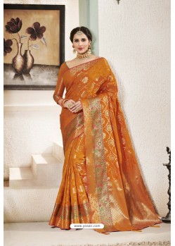 Orange Designer Party Wear Silk Sari