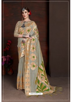 Grey Linen Art Silk Jacquard Work Saree