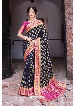 Navy Blue Designer Party Wear Nylon Art Silk Sari