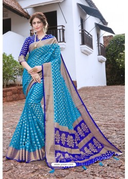 Turquoise Designer Party Wear Nylon Art Silk Sari