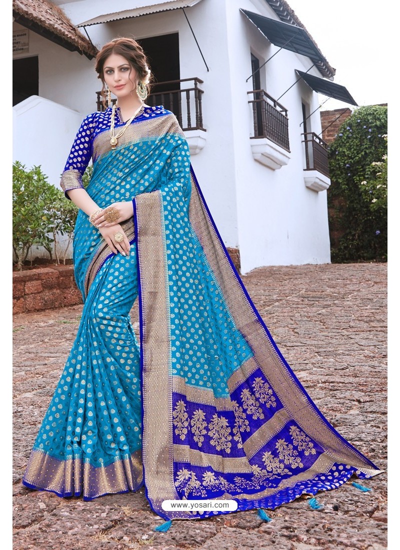 Buy Turquoise Designer Party Wear Nylon Art Silk Sari | Party Wear Sarees