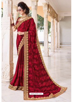 Maroon Designer Party Wear Zari Embroidered Sari