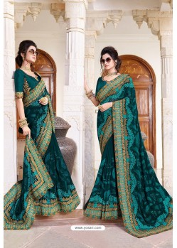 Teal Blue Designer Party Wear Zari Embroidered Sari