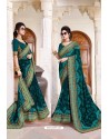 Teal Blue Designer Party Wear Zari Embroidered Sari