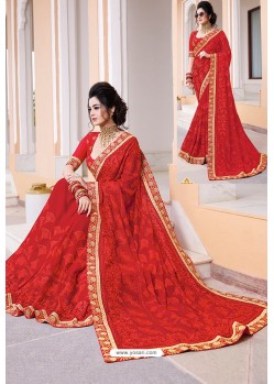 Red Designer Party Wear Zari Embroidered Sari