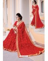 Red Designer Party Wear Zari Embroidered Sari