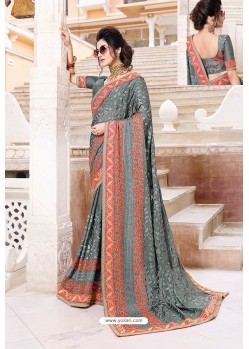 Dull Grey Designer Party Wear Zari Embroidered Sari