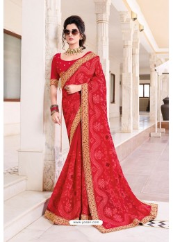 Red Designer Party Wear Zari Embroidered Sari