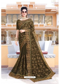 Mehendi Designer Party Wear Zari Embroidered Sari