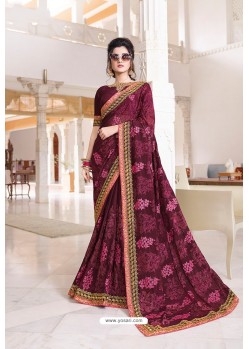 Deep Wine Designer Party Wear Zari Embroidered Sari