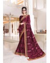 Deep Wine Designer Party Wear Zari Embroidered Sari