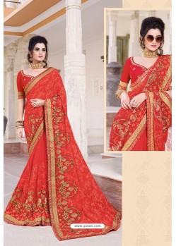 Red Designer Party Wear Zari Embroidered Sari