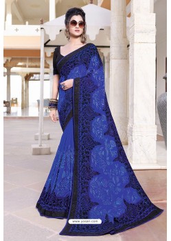 Royal Blue Designer Party Wear Zari Embroidered Sari