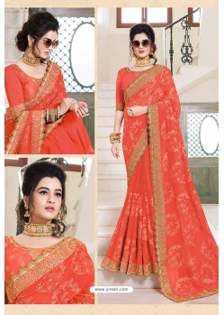 Pretty Red Designer Party Wear Zari Embroidered Sari