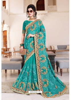 Aqua Mint Designer Party Wear Zari Embroidered Sari