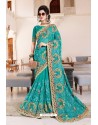 Aqua Mint Designer Party Wear Zari Embroidered Sari