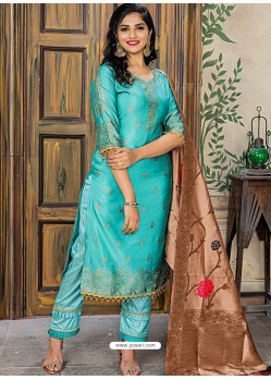 Turquoise Heavy Party Wear Banarasi Jacquard Palazzo Suit