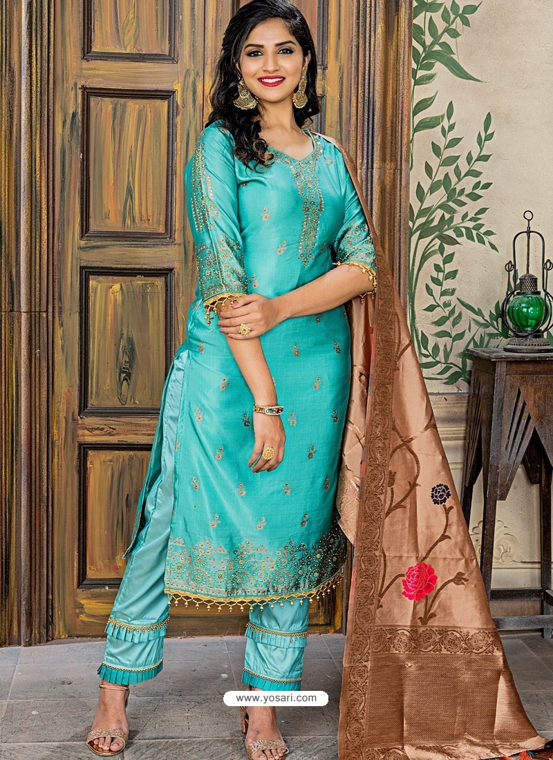 Teal Heavy Weaving Designer Banarasi Silk unstitched Long Length Kameez  Pant party wear salwarsuit - Panjari Store - 4218099
